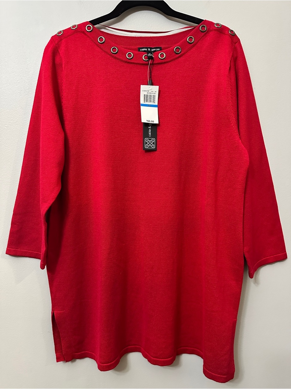 Cable & Gauge Red Sweater XL NWT Grommet Neck Studded 3/4 Sleeve Tunic Pullover